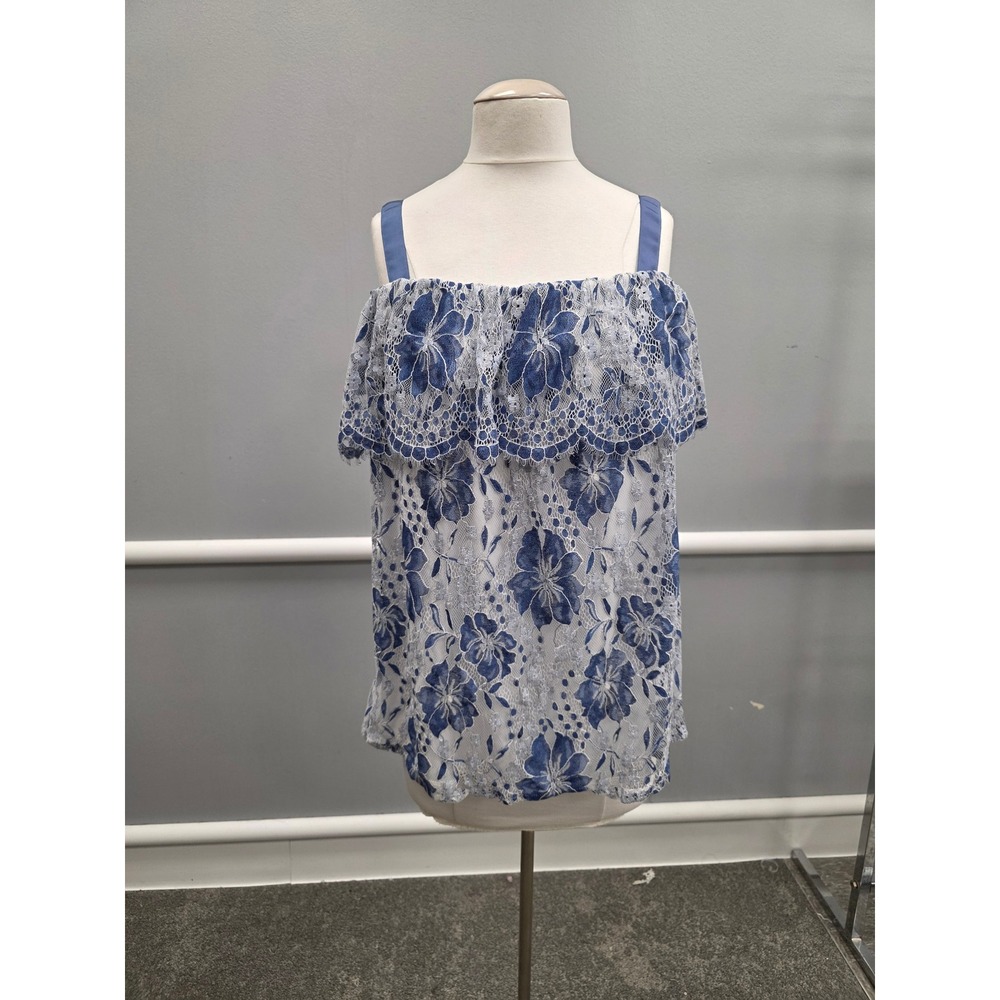 Lane Bryant Blue Floral Lace Cold Shoulder Ruffle Top Womens 14/16